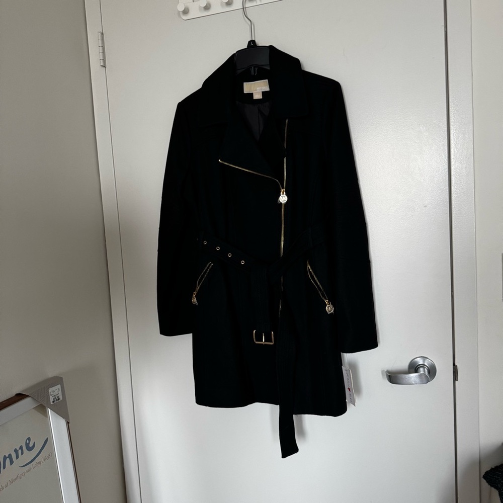 Michael Kors Black Trench Coat with Gold Accents